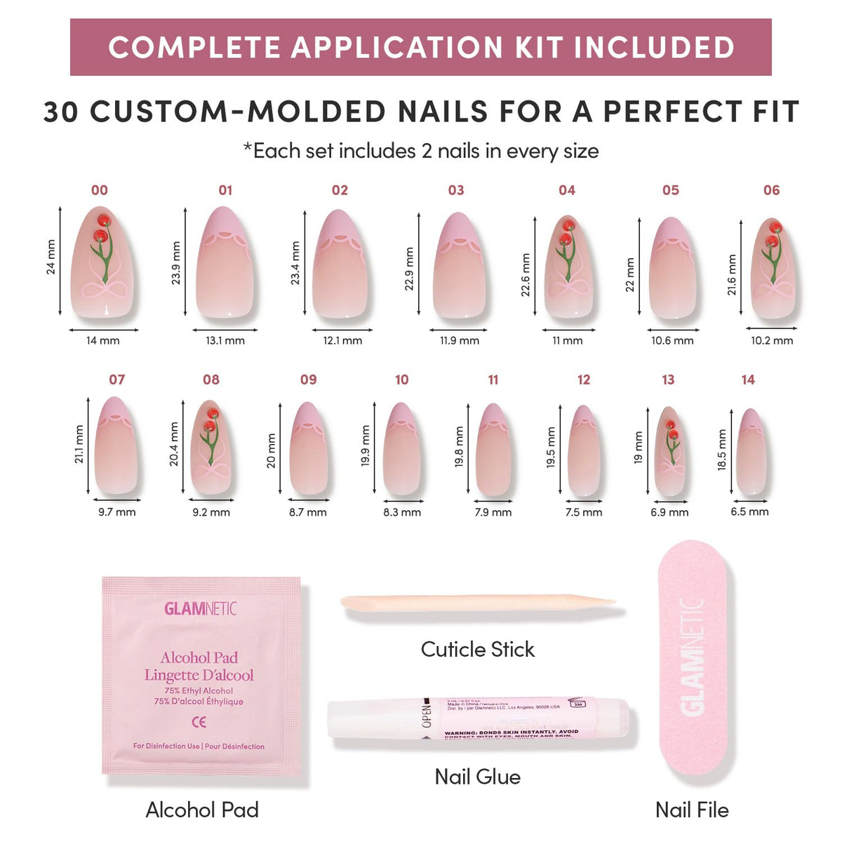 Glamnetic Press On Nails Medium Almond with cherry accents
