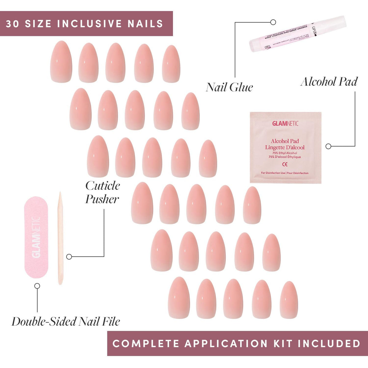 Glamnetic Press On Nails Medium Almond with double-sided nail file
