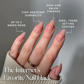 Glamnetic Press On Nails Medium Almond with nail glue and accessories
