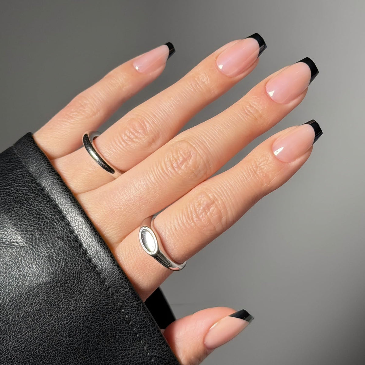 Glamnetic Press On Nails medium coffin glazed black French tip front view