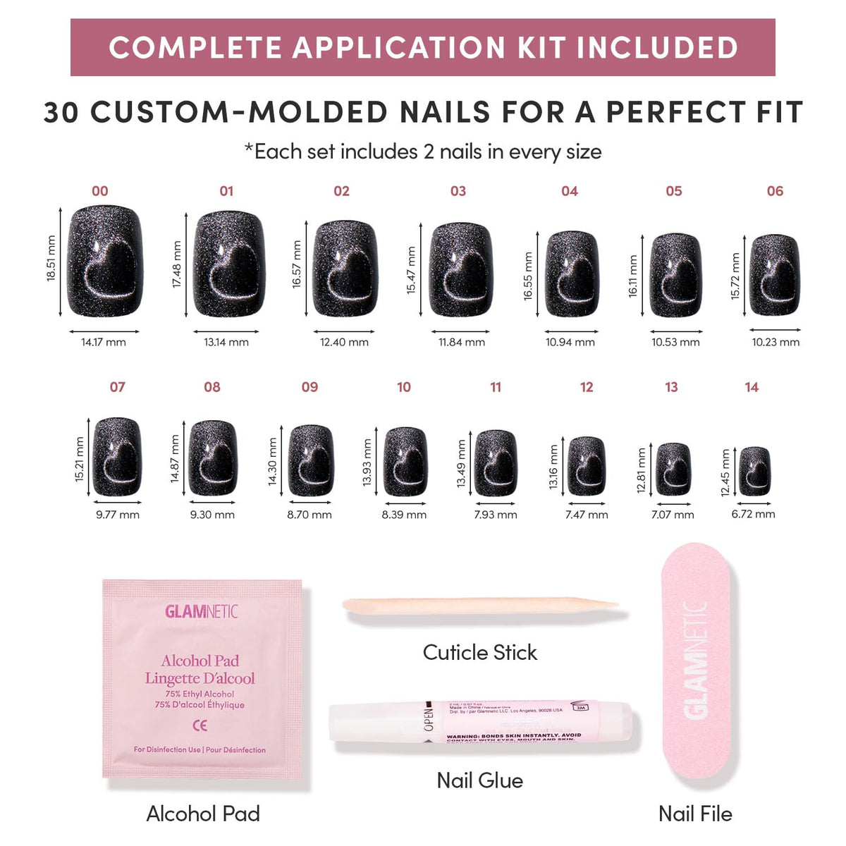 Glamnetic Press On Nails Midnight Romance showing various sizes