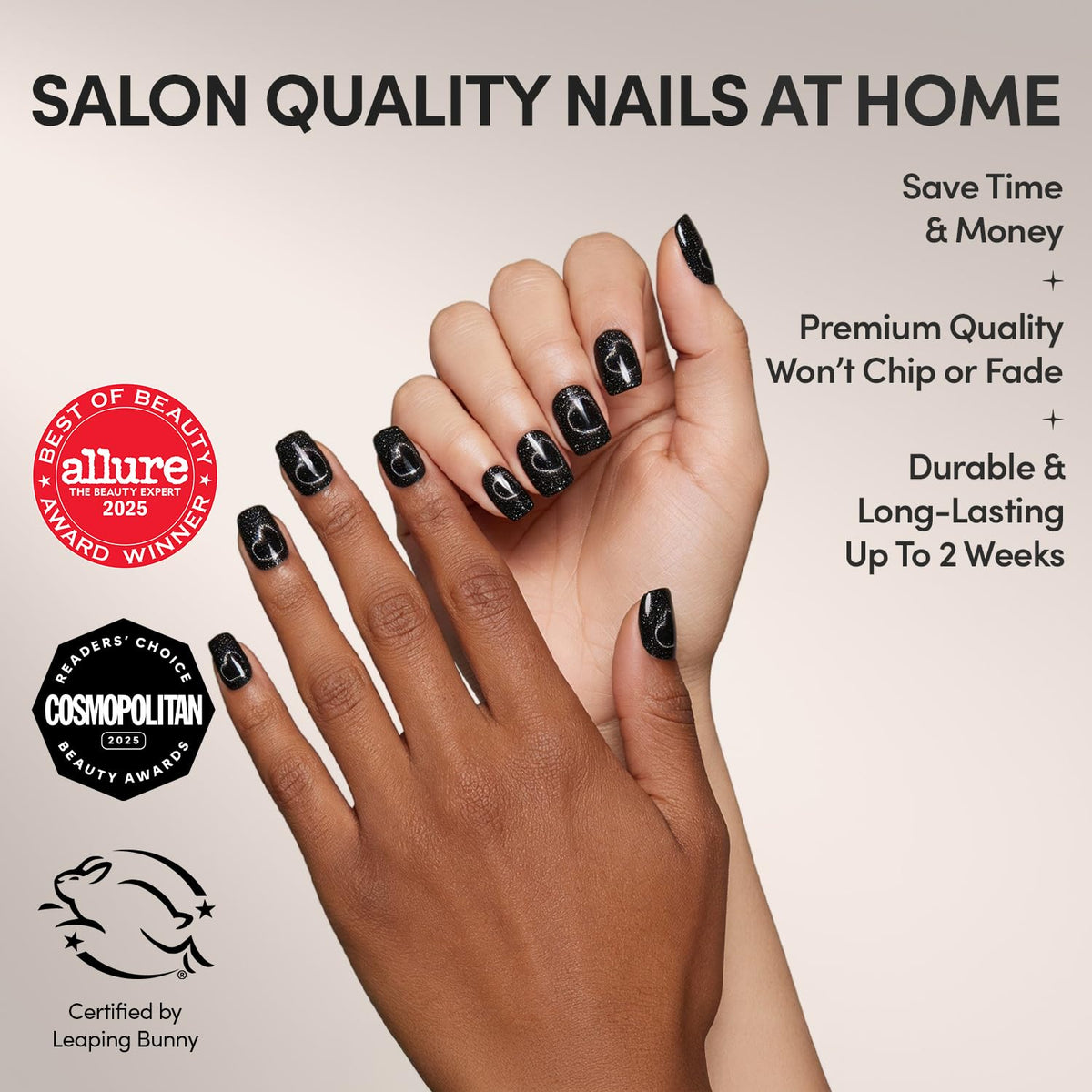 Glamnetic Press On Nails Midnight Romance side view showing nail sizes