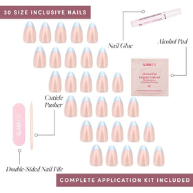 Glamnetic Press On Nails Short Almond Baby Blue cuticle stick and alcohol pad