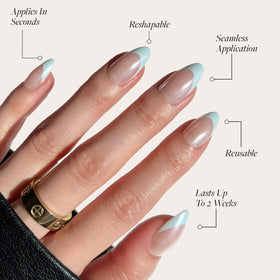 Glamnetic Press On Nails Short Almond Baby Blue with nail glue and accessories
