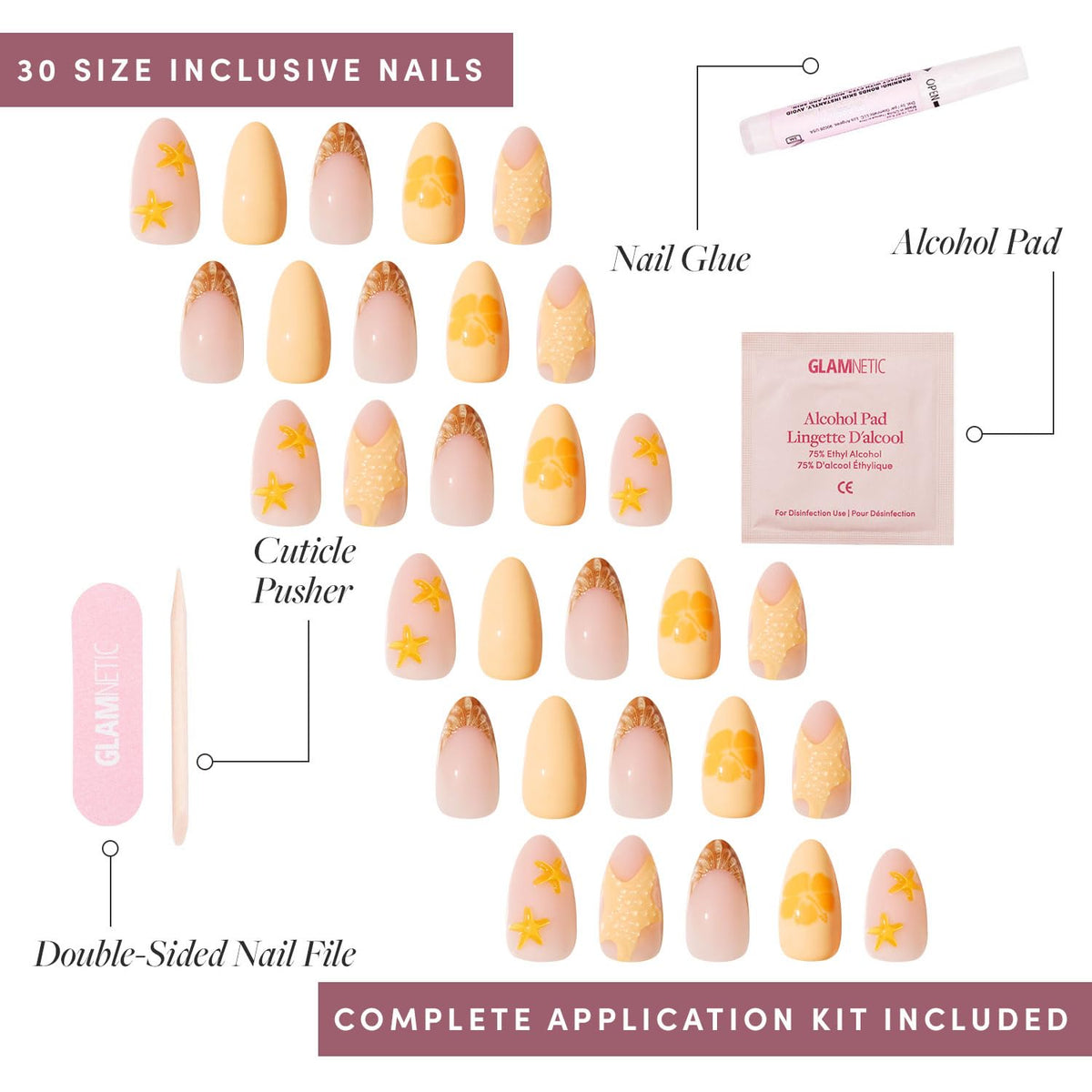 Glamnetic Press On Nails Short Almond cuticle stick and alcohol pad