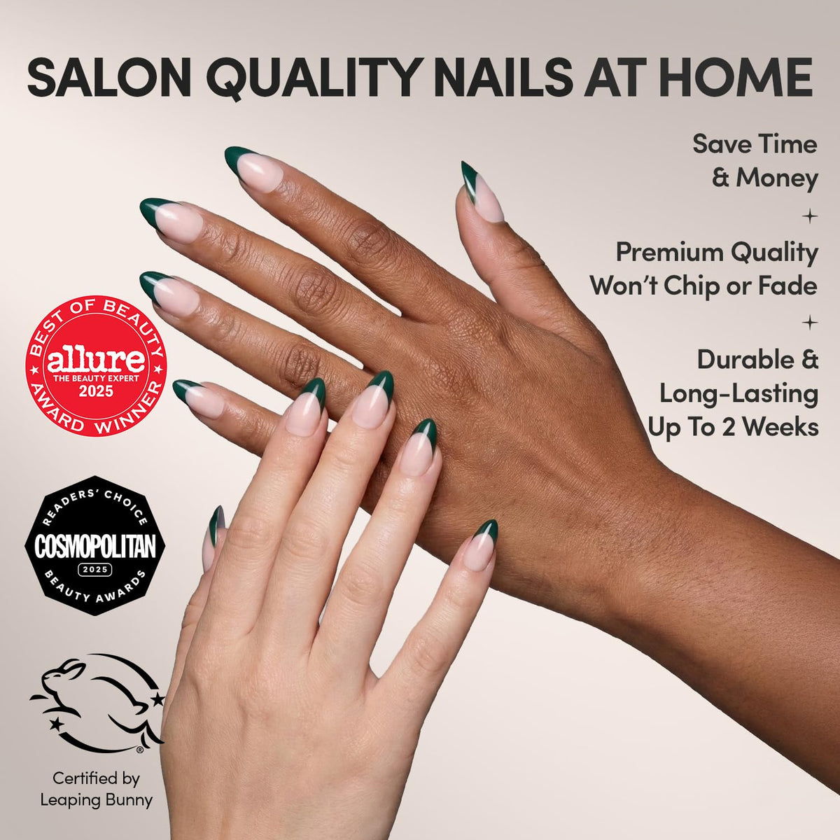 Glamnetic Press On Nails Short Almond Dark Green French Tip close-up of nails