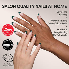 Glamnetic Press On Nails Short Almond Dark Green French Tip close-up of nails