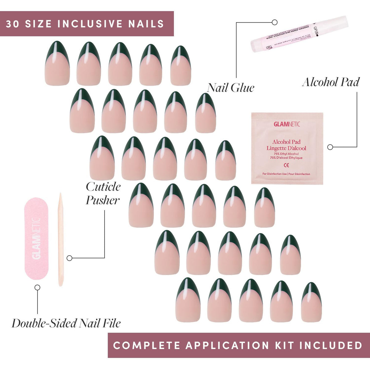 Glamnetic Press On Nails Short Almond Dark Green French Tip double-sided nail file