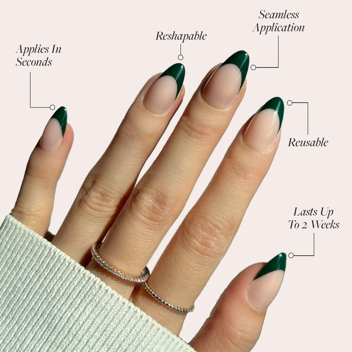 Glamnetic Press On Nails Short Almond Dark Green French Tip kit with accessories