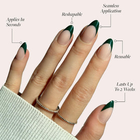 Glamnetic Press On Nails Short Almond Dark Green French Tip kit with accessories