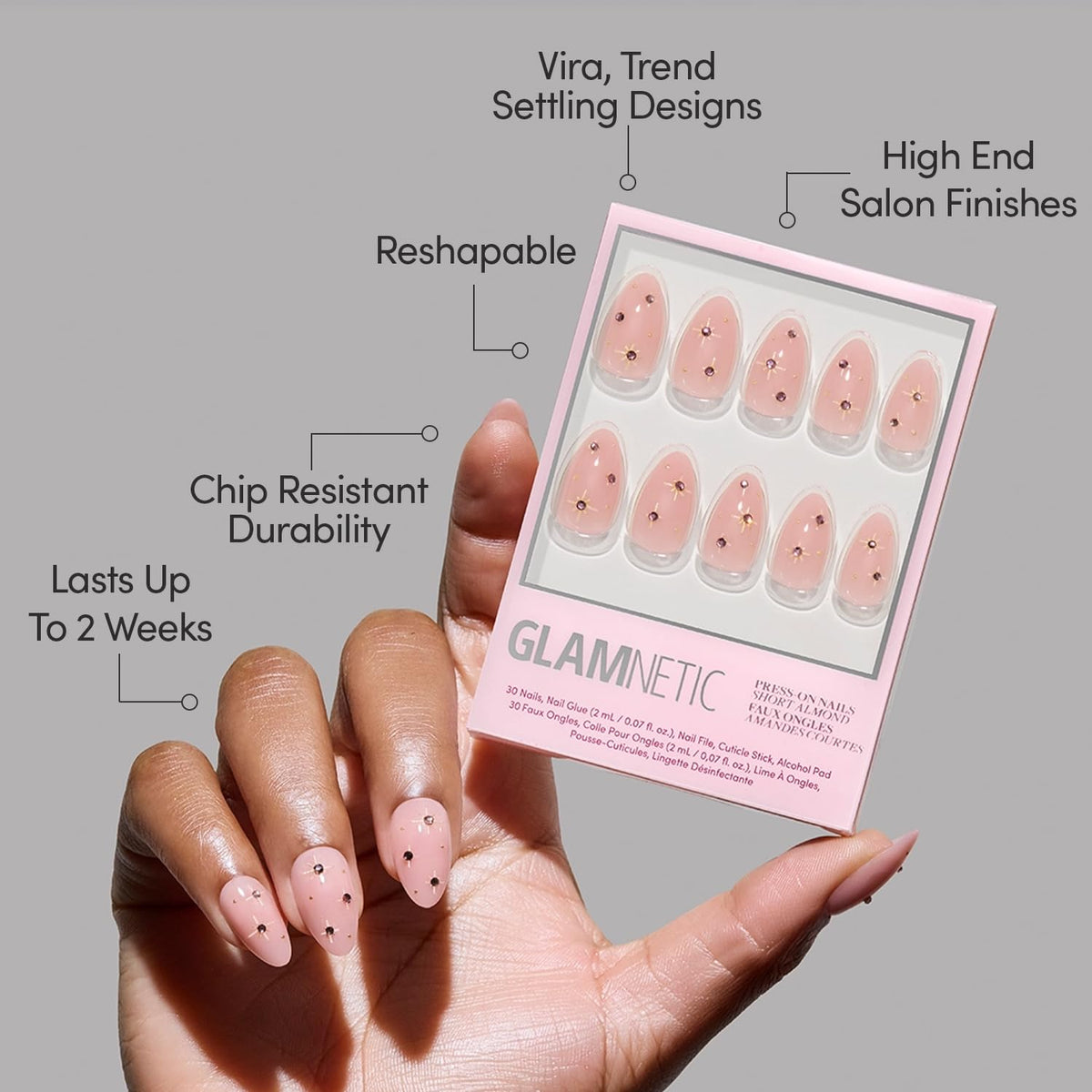 Glamnetic Press On Nails Short Almond Glossy close-up of lavender gems