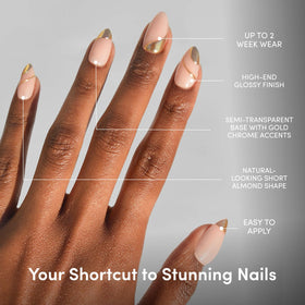 Glamnetic Press On Nails Short Almond glossy finish with gold chrome accents