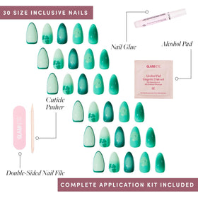Glamnetic Press On Nails Short Almond Glossy in use on hands