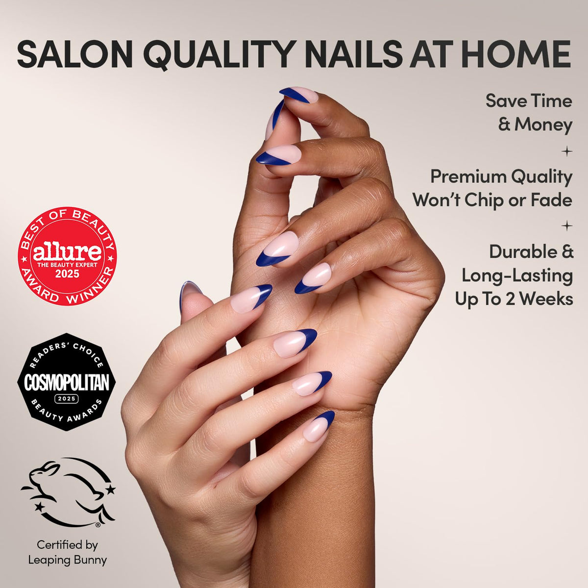 Glamnetic Press On Nails Short Almond Glossy navy French tip design
