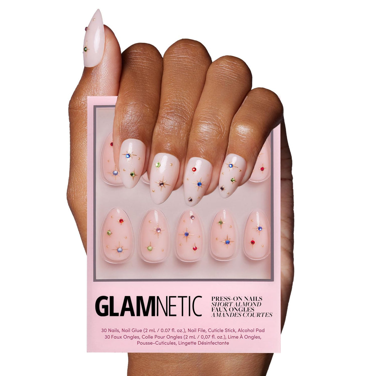 Glamnetic Press On Nails Short Almond glossy with 3D gems front view