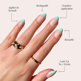 Glamnetic Press On Nails Short Almond kit components including nail glue and file