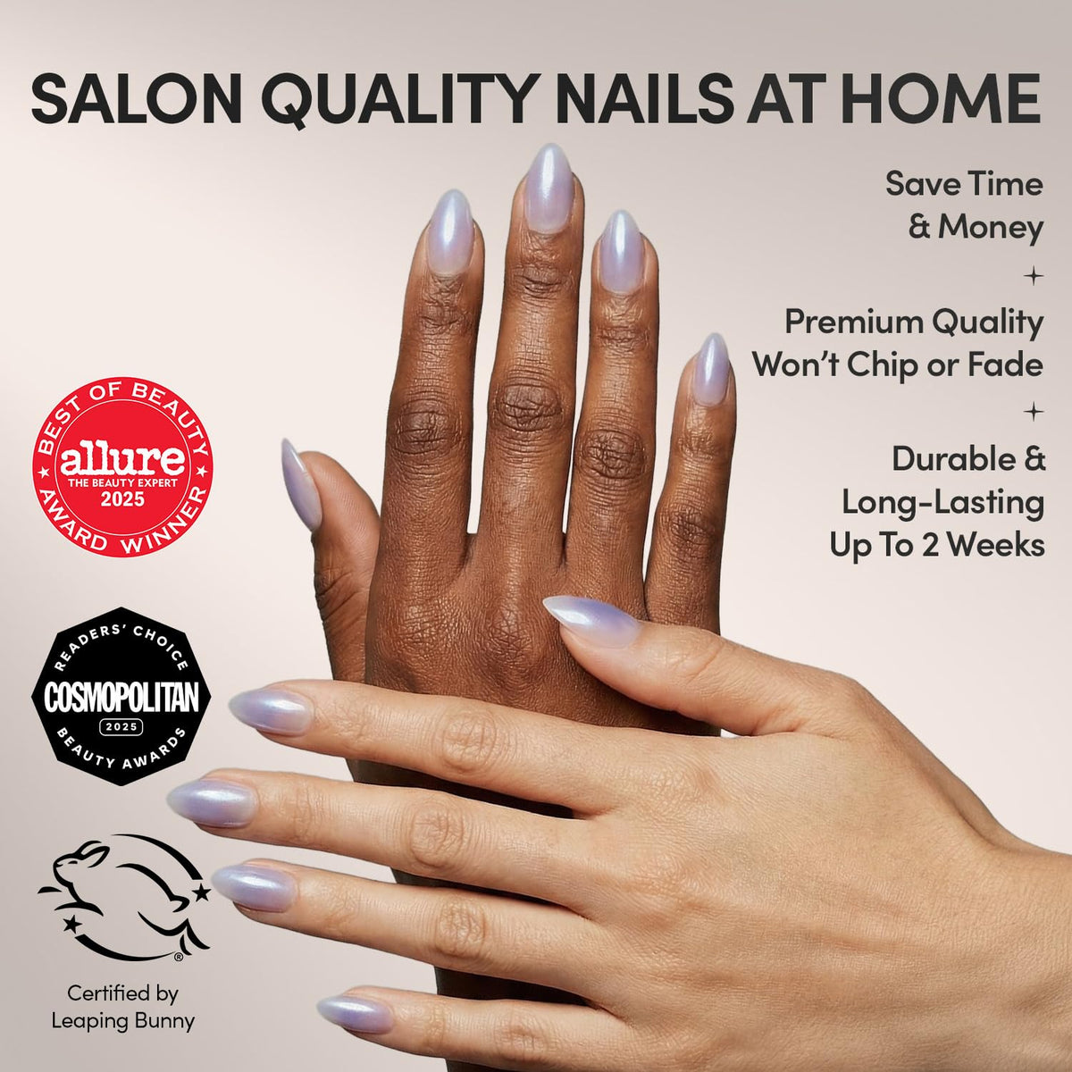 Glamnetic Press On Nails Short Almond kit contents including glue and file