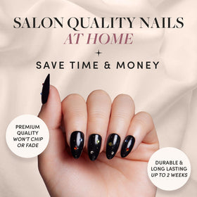 Glamnetic Press On Nails Short Almond kit contents including storage box and nail glue