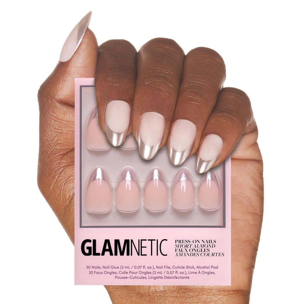Glamnetic Press On Nails Short Almond Metallic full kit front view