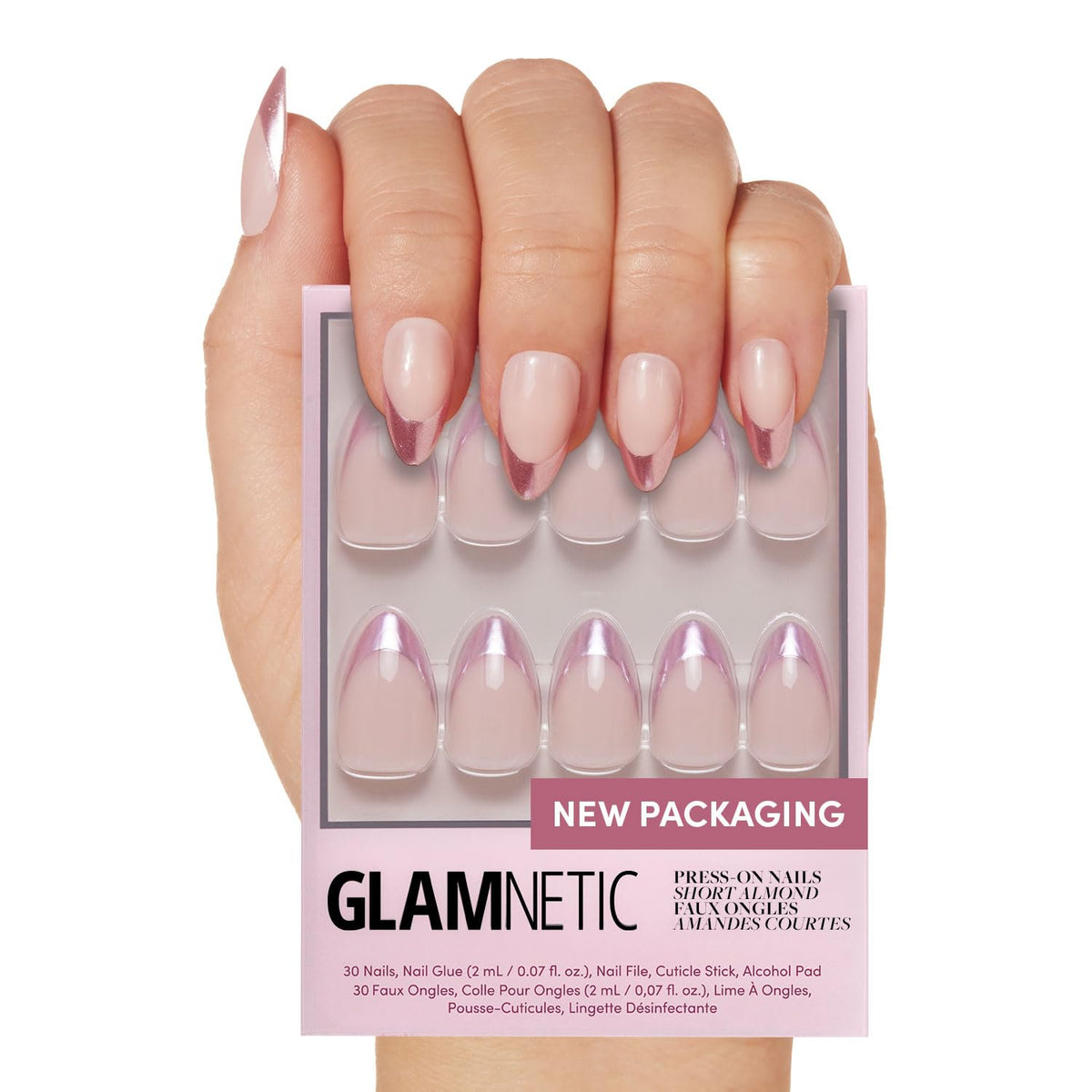 Glamnetic Press On Nails Short Almond Metallic Pink front view