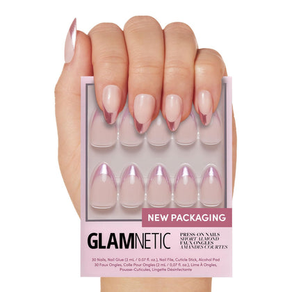 Glamnetic Press On Nails Short Almond Metallic Pink front view