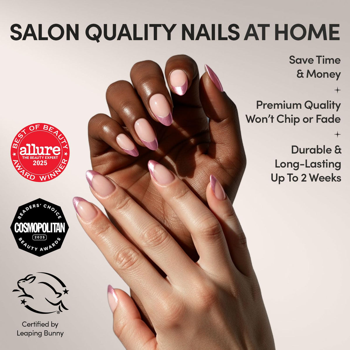 Glamnetic Press On Nails Short Almond Metallic Pink kit contents