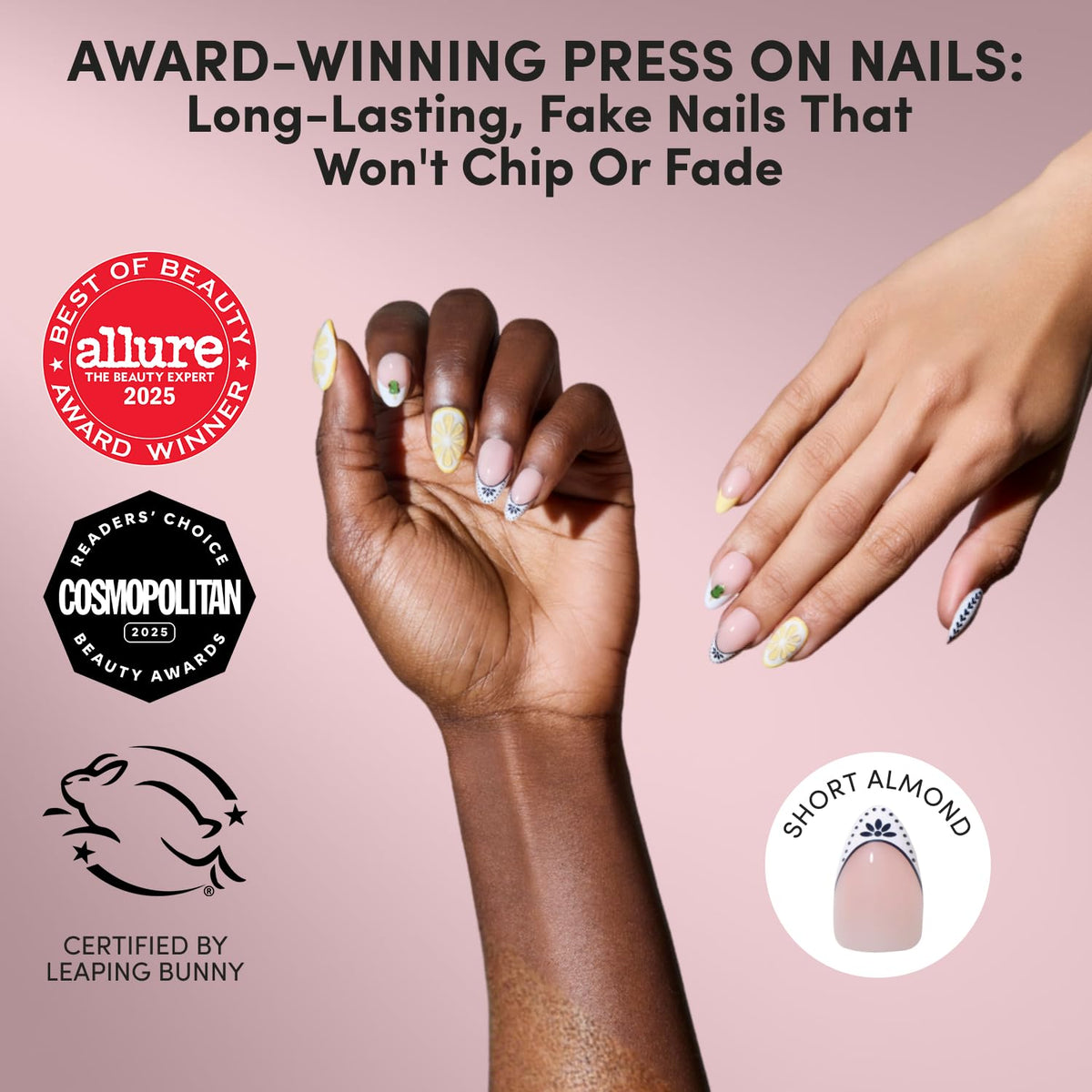 Glamnetic Press On Nails Short Almond side view with packaging