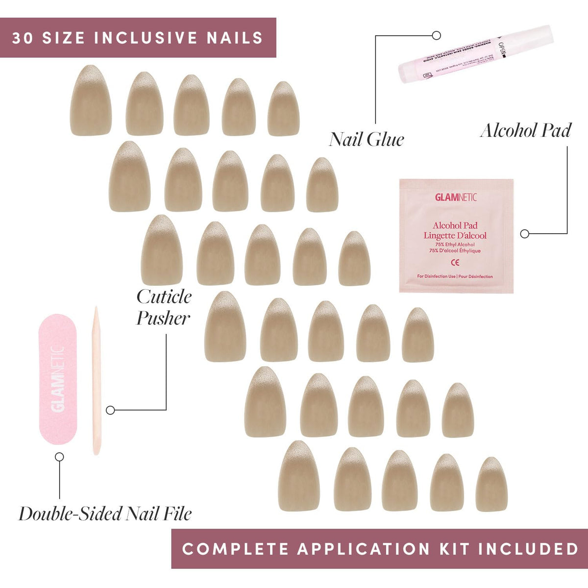 Glamnetic Press On Nails Short Almond Velvet Finish showing various sizes