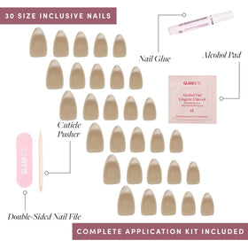 Glamnetic Press On Nails Short Almond Velvet Finish showing various sizes