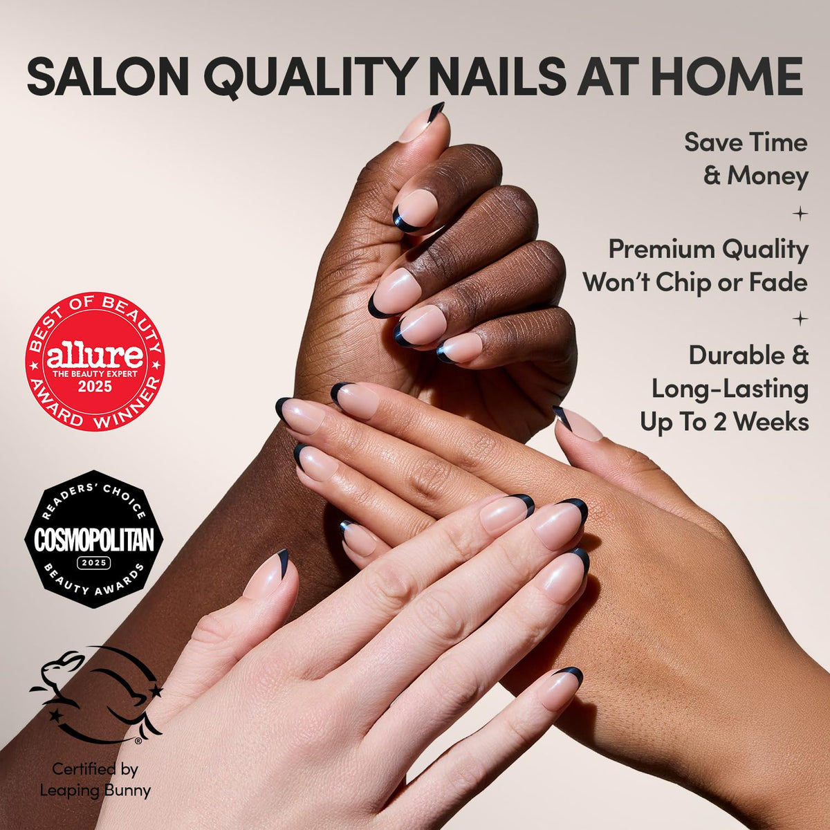 Glamnetic Press On Nails Short Oval Glossy black French tip design