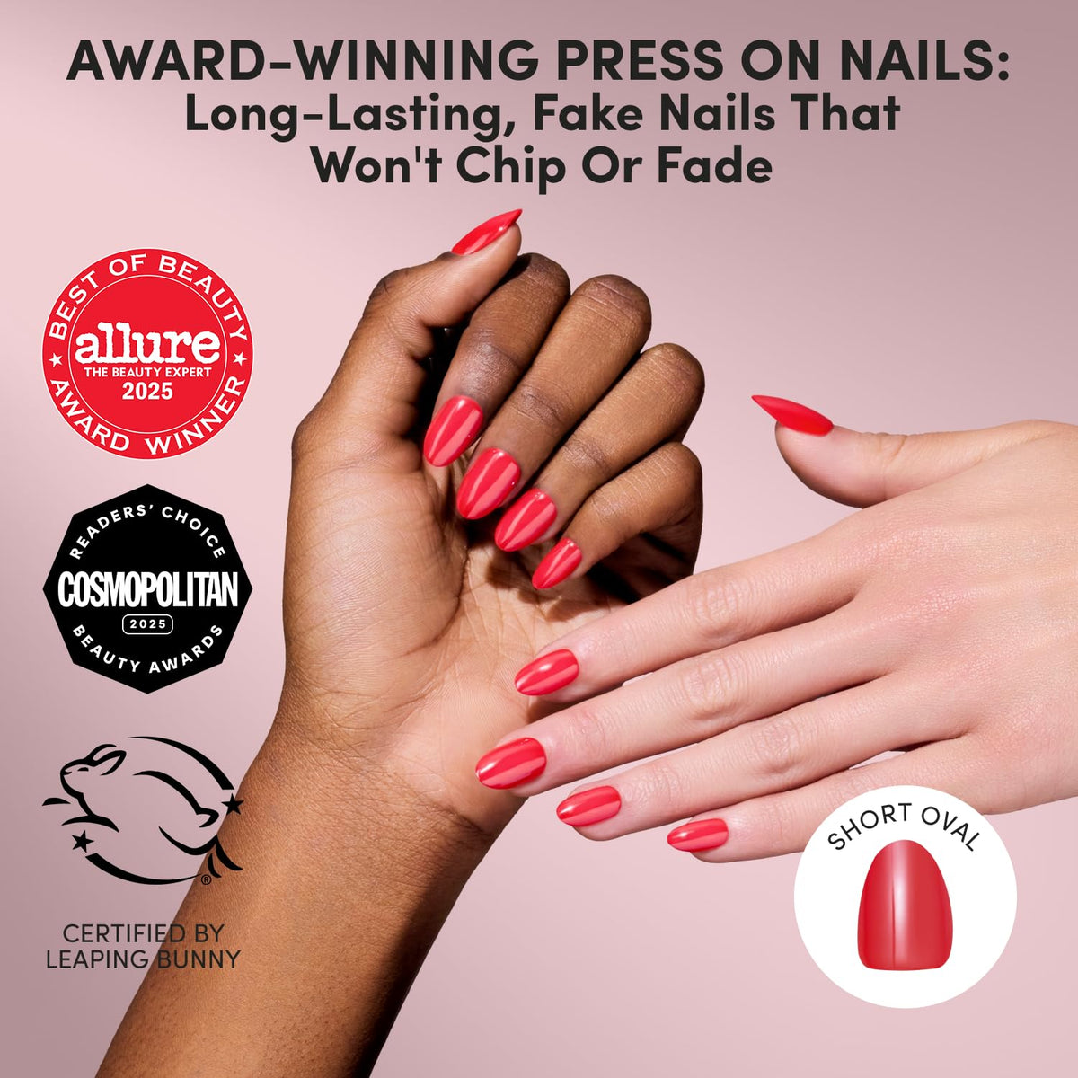 Glamnetic Press On Nails Short Oval Glossy red nails close-up