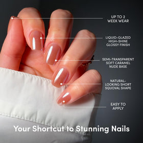 Glamnetic Press On Nails Short Squoval Glazed Caramel Nude application tools included