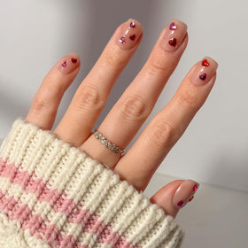 Glamnetic Press On Nails Short Squoval glossy nude with gemstone hearts