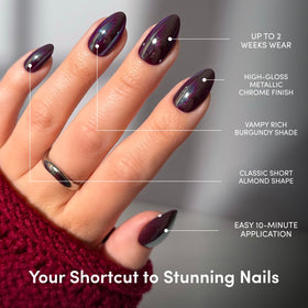 Glamnetic Press On Nails showing burgundy chrome finish