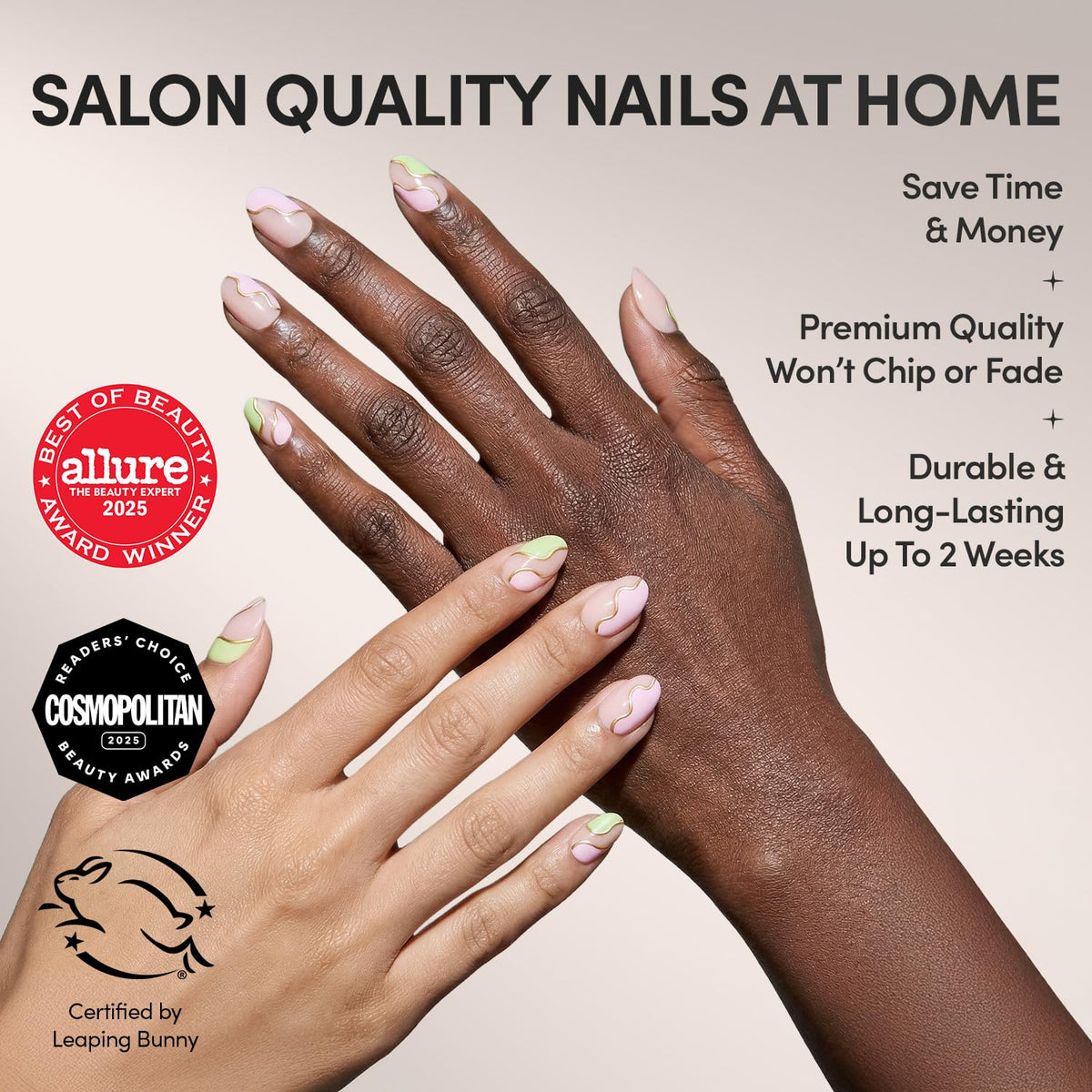 Glamnetic Press On Nails showing pink and matcha-green swirls