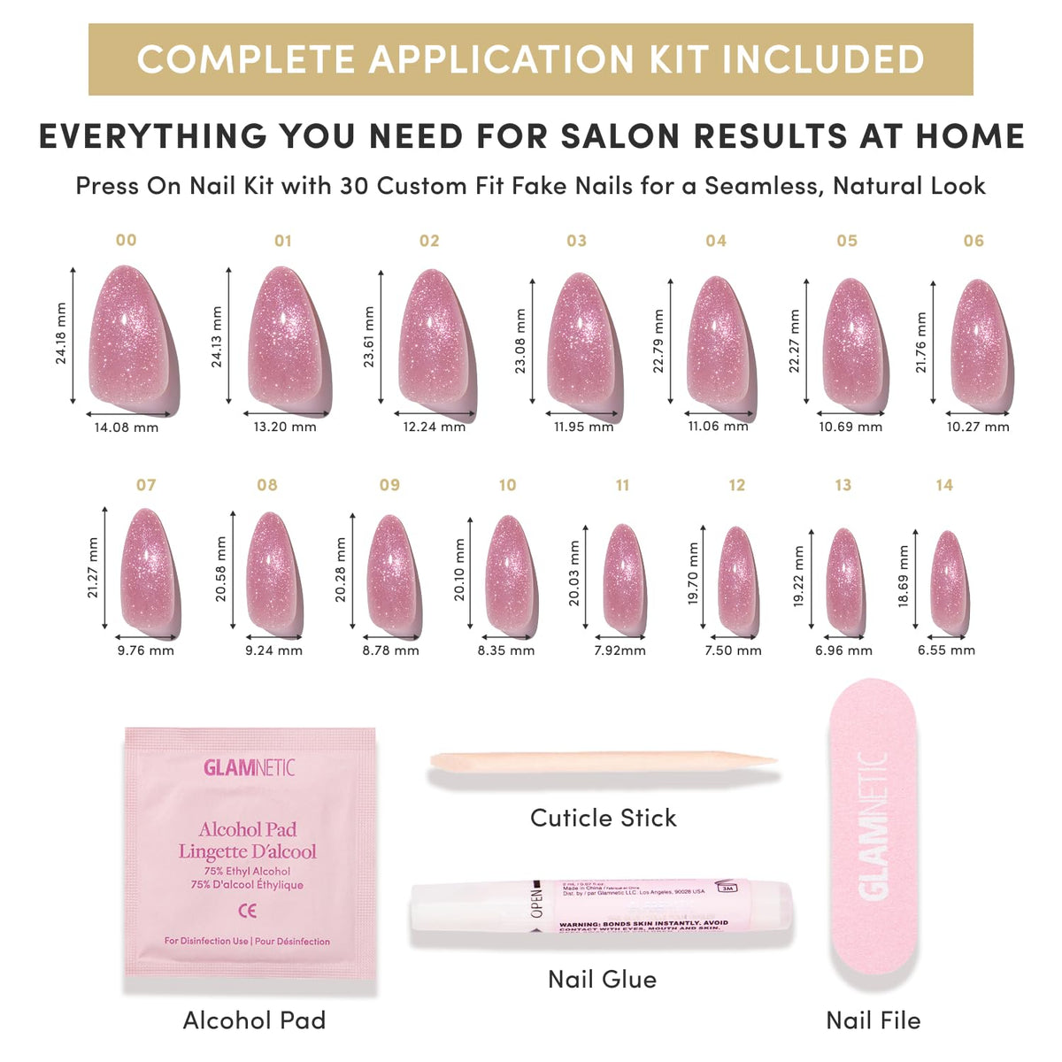 Glamnetic press on nails with cuticle stick and alcohol pad
