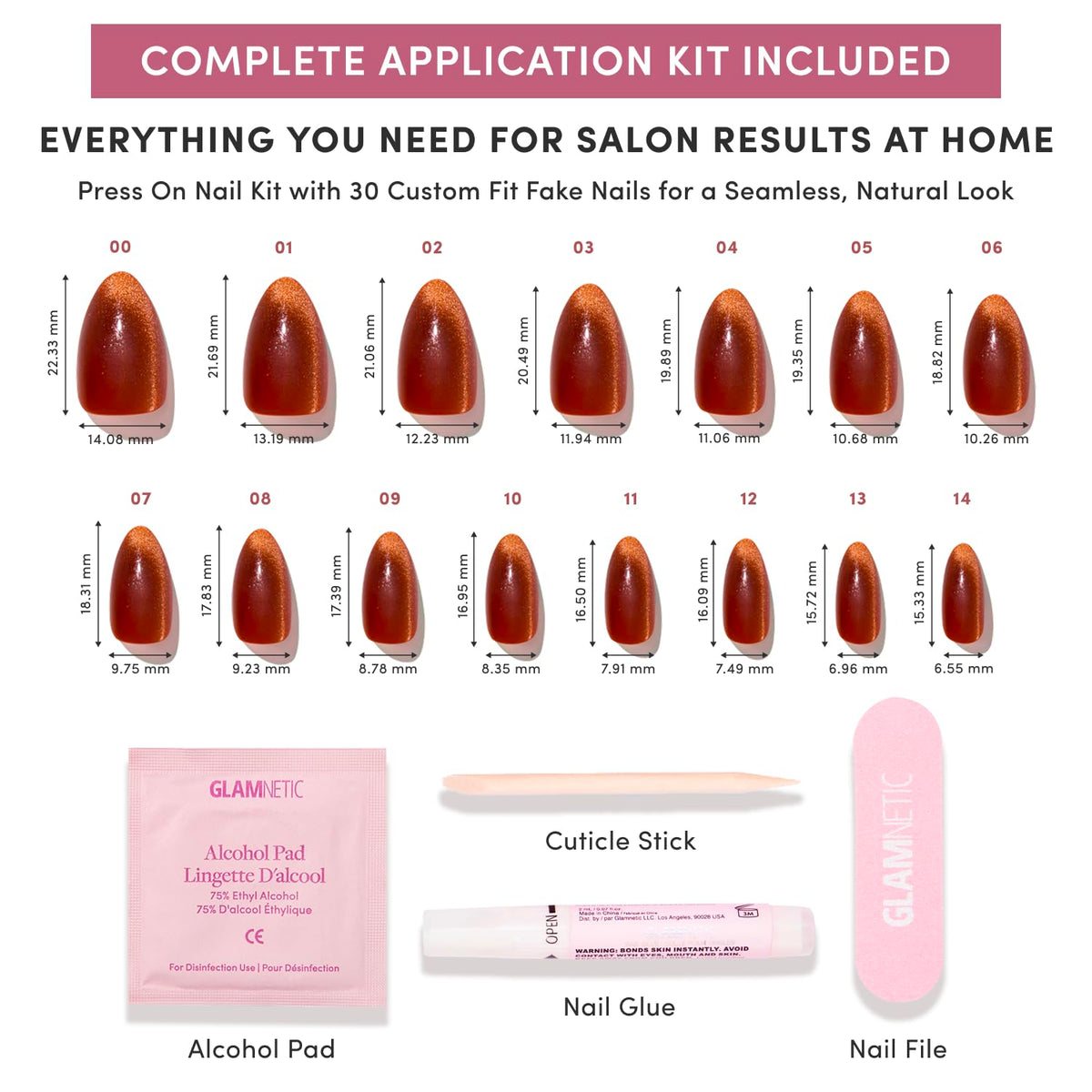 Glamnetic Press On Nails with double-sided nail file and alcohol pad