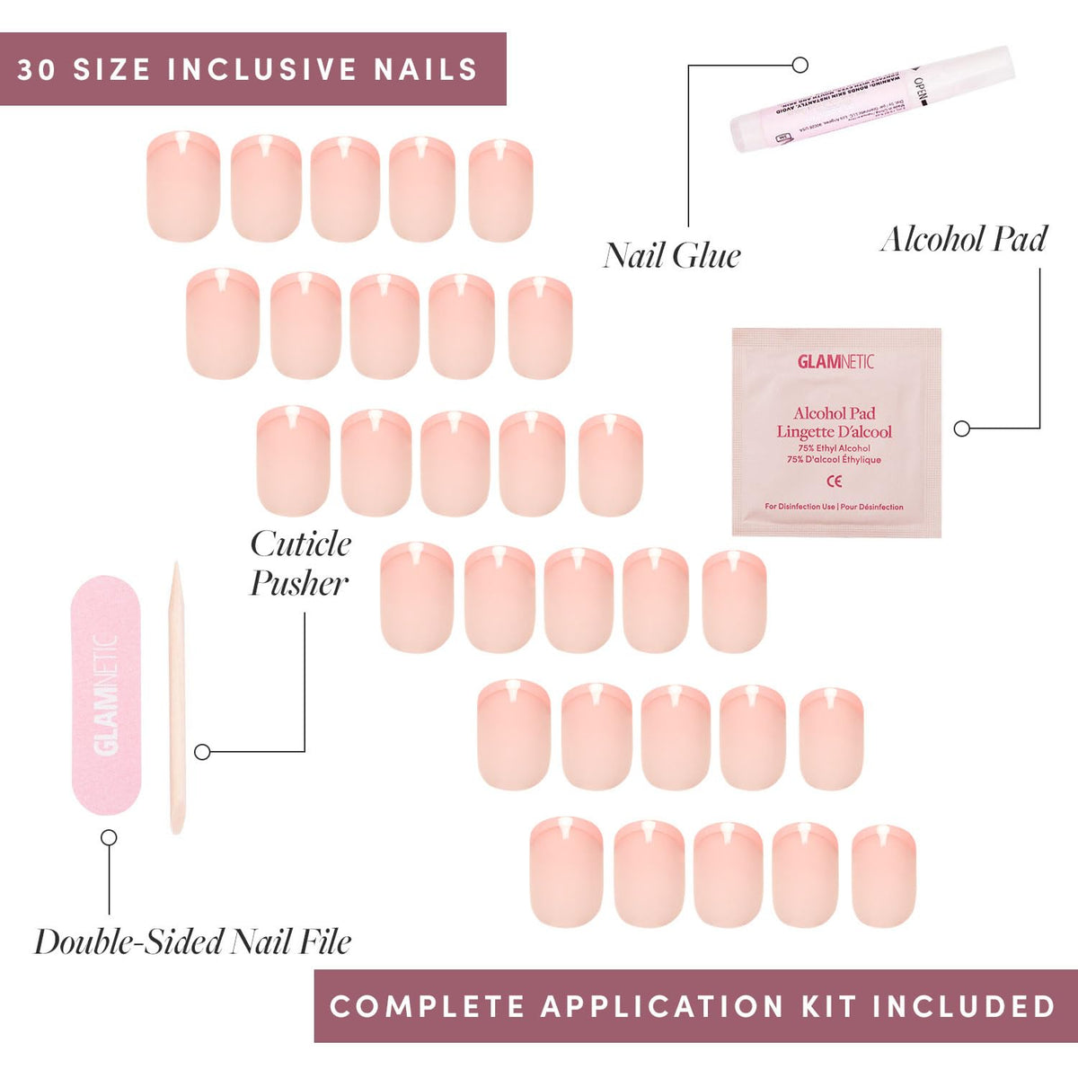 Glamnetic Press On Nails with double-sided nail file and cuticle stick