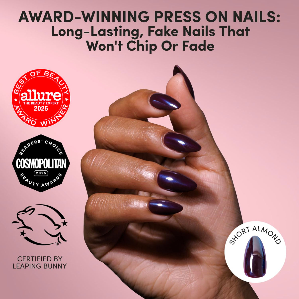 Glamnetic Short Almond Chrome Press On Nails close-up