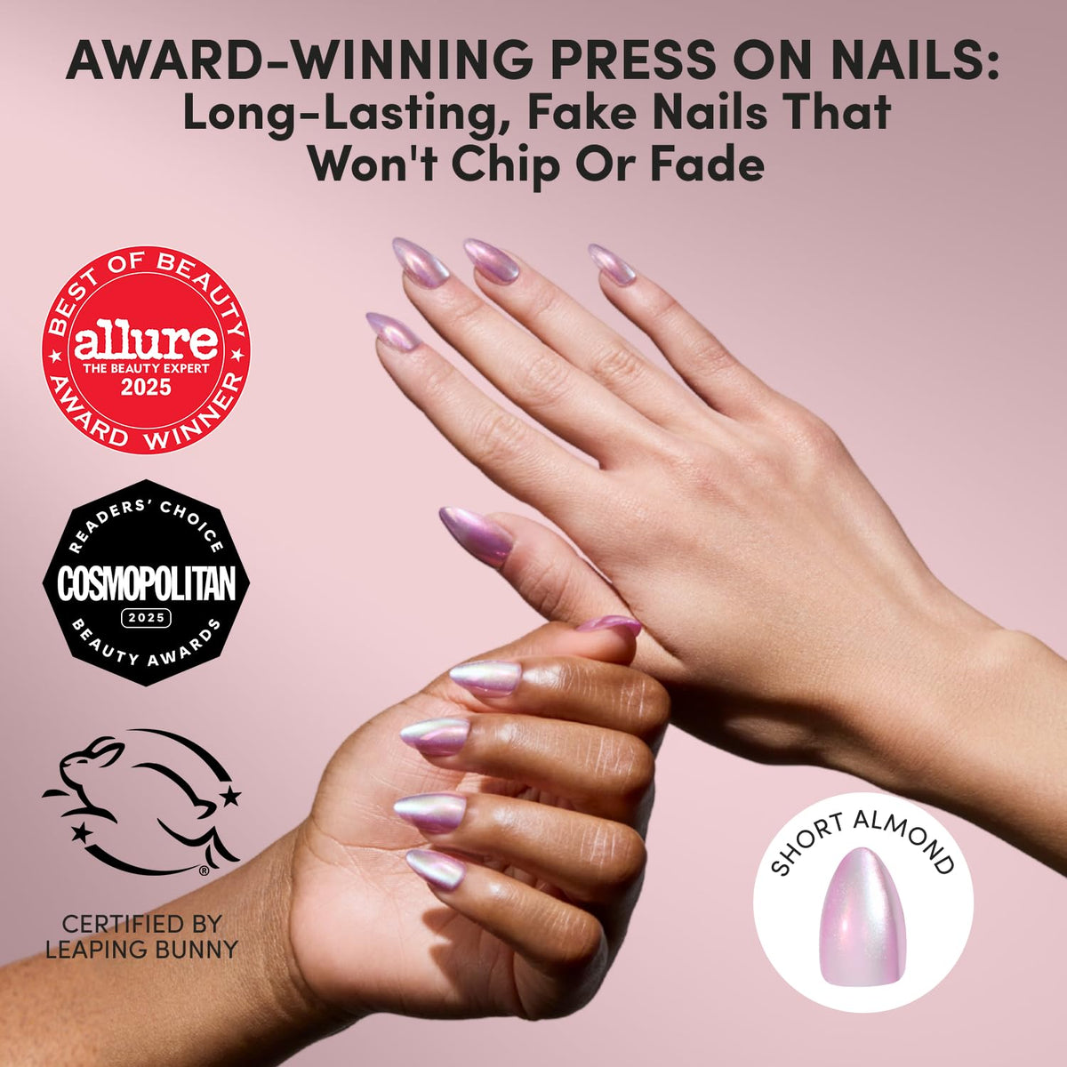 Glamnetic short almond press on nails in pearlescent purple