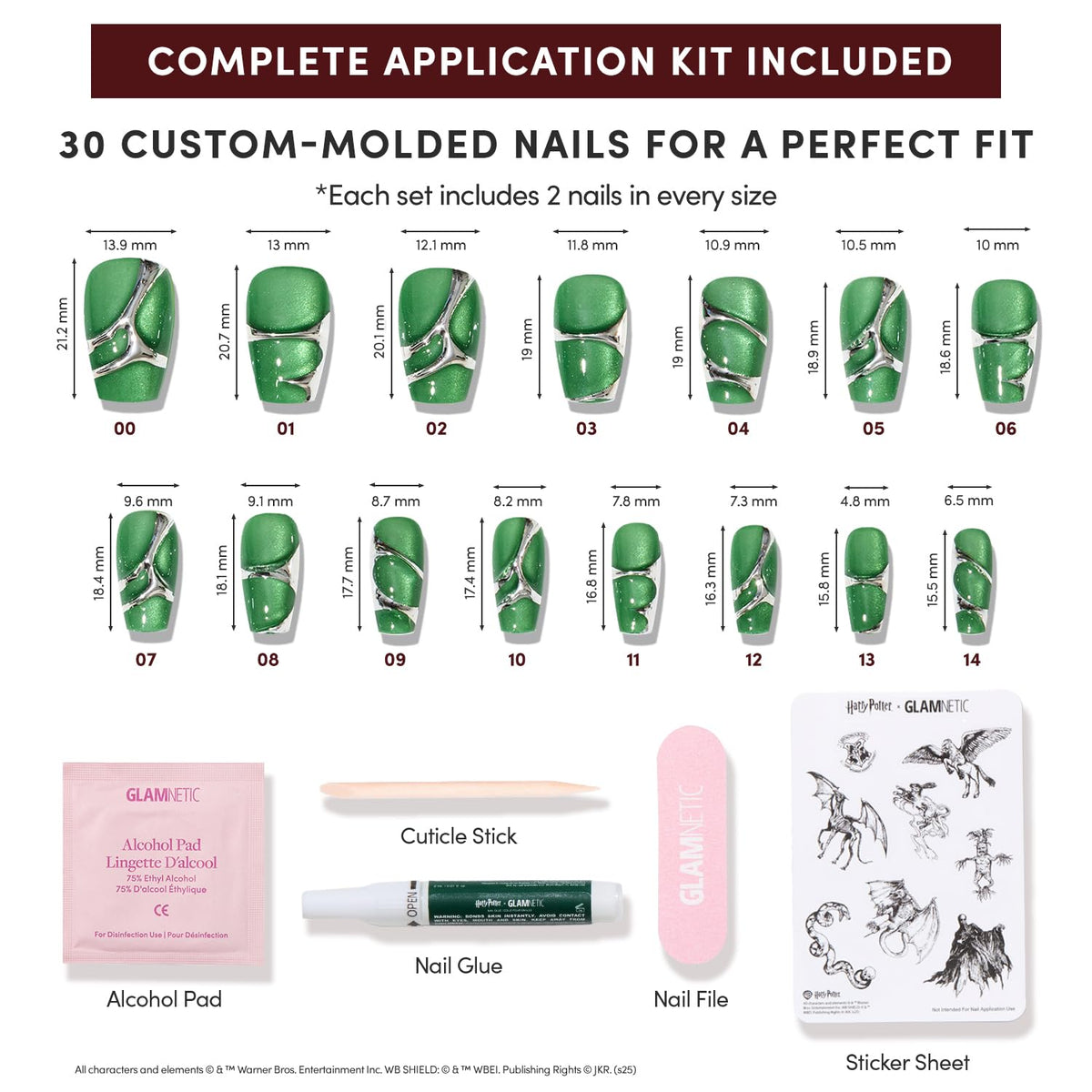 Glamnetic Slytherin nails displayed with magical creatures sticker sheet