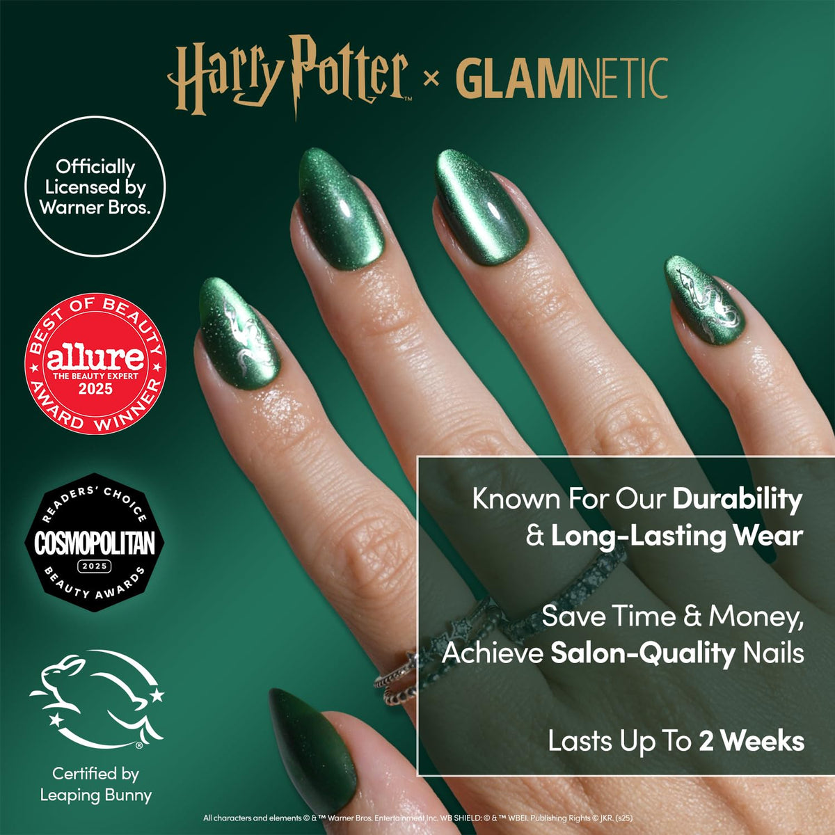 Glamnetic Slytherin Press On Nails packaging with accessories