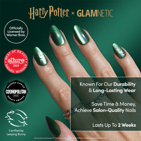 Glamnetic Slytherin Press On Nails packaging with accessories