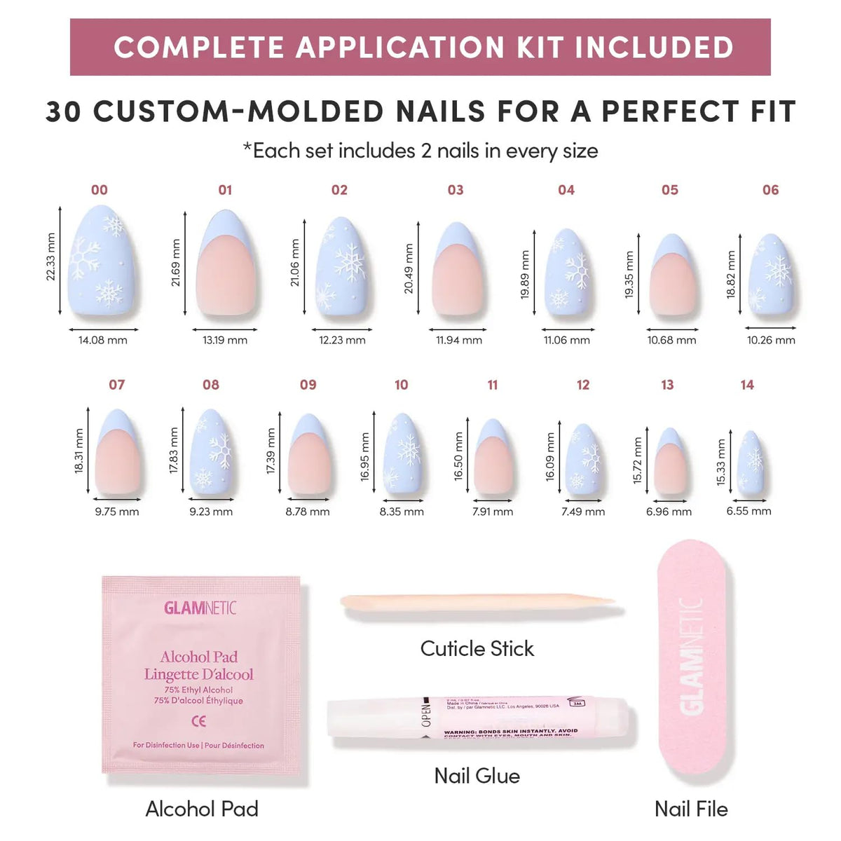 Glamnetic Snow Bunny nails showing various sizes