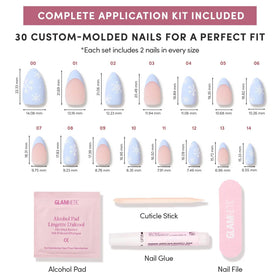 Glamnetic Snow Bunny nails showing various sizes