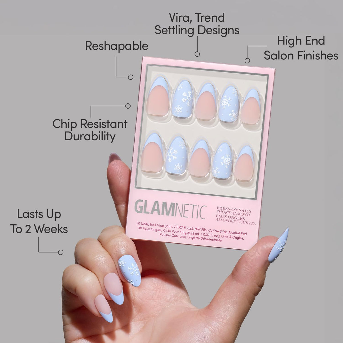 Glamnetic Snow Bunny nails with raised white snowflake designs