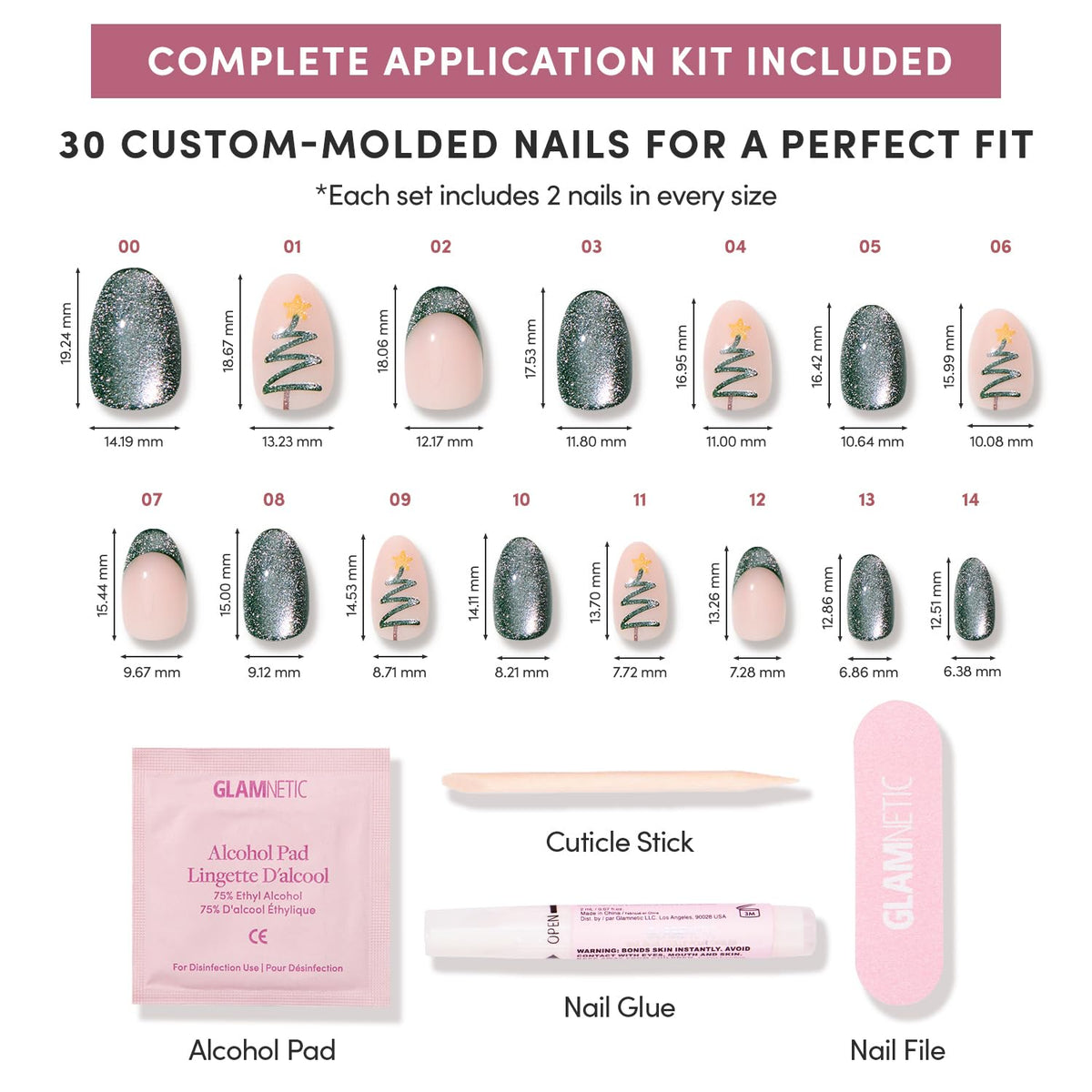Glamnetic Velvet Pine nails in various sizes