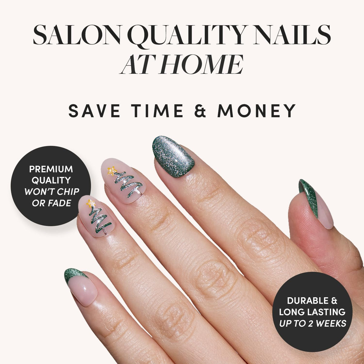 Glamnetic Velvet Pine nails with shimmering French tips close-up