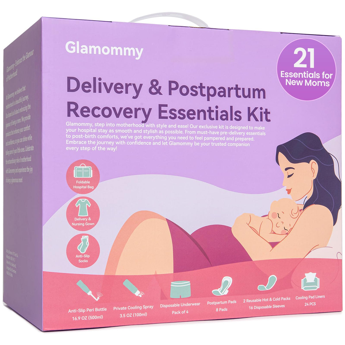 Glamommy Postpartum Recovery Kit front view with maternity gown and tote