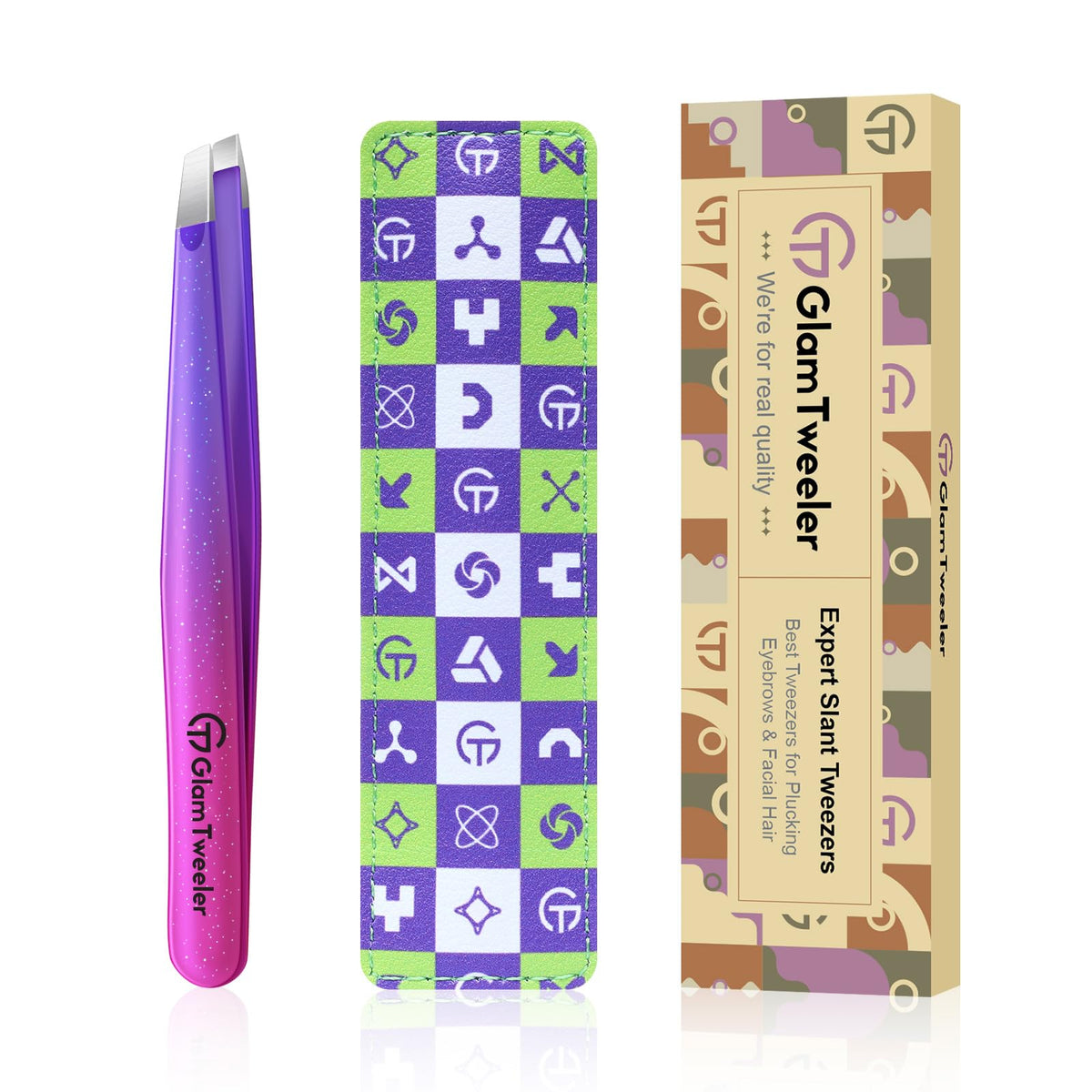 GlamTweeler Expert Slant Tip Tweezers front view with sparkle deep violet finish